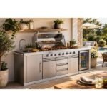 Big Horn 6-Burner Propane Gas Grill Island with Outdoor Rated Refrigerator