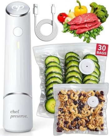 Chef Preserve Compact Vacuum Sealer for Food (Vacuum Sealer Machine + 30 Reusable Vacuum Bags) Powerful Handheld Vacuum Sealer Machine, Seal Meal Saver, Portable Food Sealer