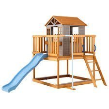 KizzParnrr Elevated kids playhouse made of fir wood with wave slide