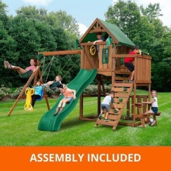 Professionally Assembled Knightsbridge Wooden Outdoor Playground Set with Slide, Rock Wall, Swing Set, and Accessories